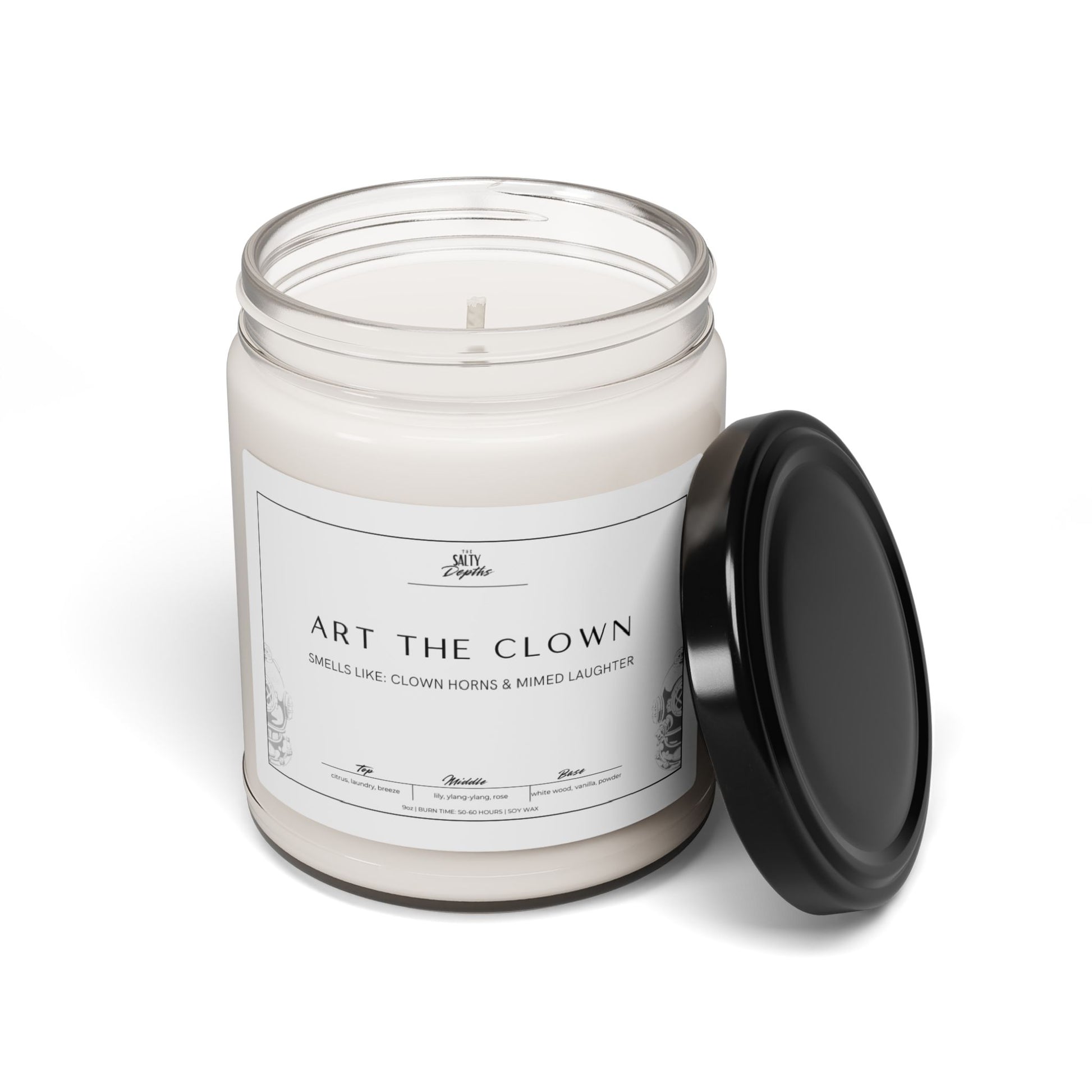 Shop local with The Salty Depths, premier Panama City Beach shopping local small business. Inspired by the sinister, silent menace Terrifier's Art the Clown, this candle may joke about smelling like clown horns and mimed laughter—but the truth is, it’s a fresh and invigorating escape into the world of Clean Cotton. 