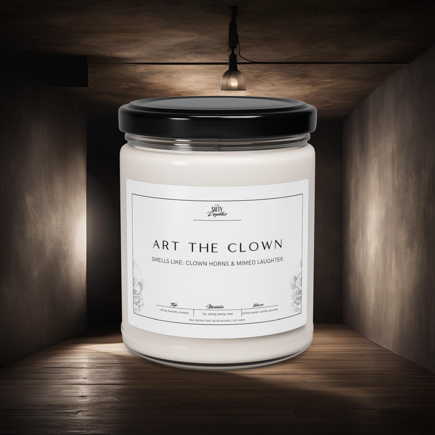 Shop local with The Salty Depths, premier Panama City Beach shopping local small business. Inspired by the sinister, silent menace Terrifier's Art the Clown, this candle may joke about smelling like clown horns and mimed laughter—but the truth is, it’s a fresh and invigorating escape into the world of Clean Cotton. 