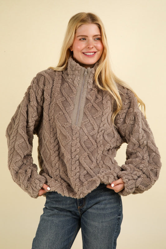 VERY J Fuzzy Fleece Half Zip Cable Pattern Sweatshirt - The Salty Depths