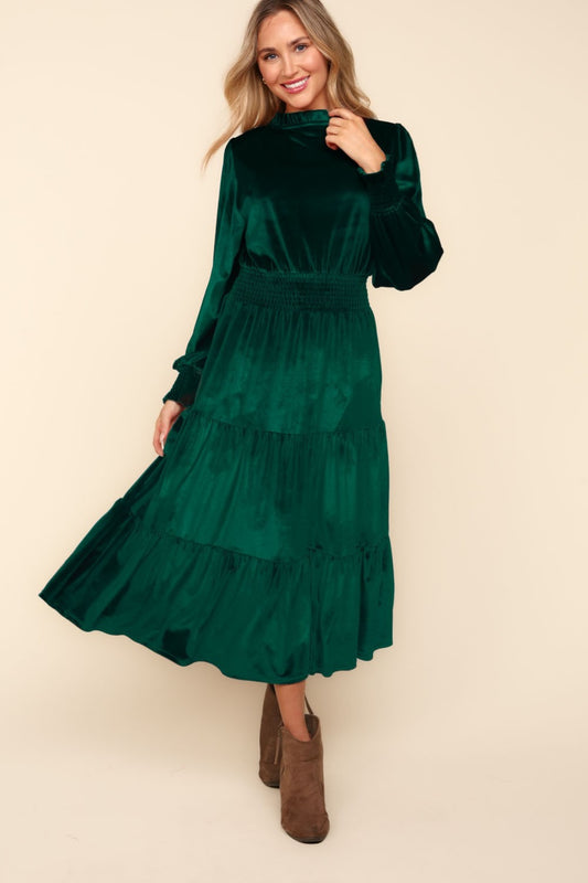 Haptics Mock Neck Smocked Waist Velvet Tiered Dress - The Salty Depths