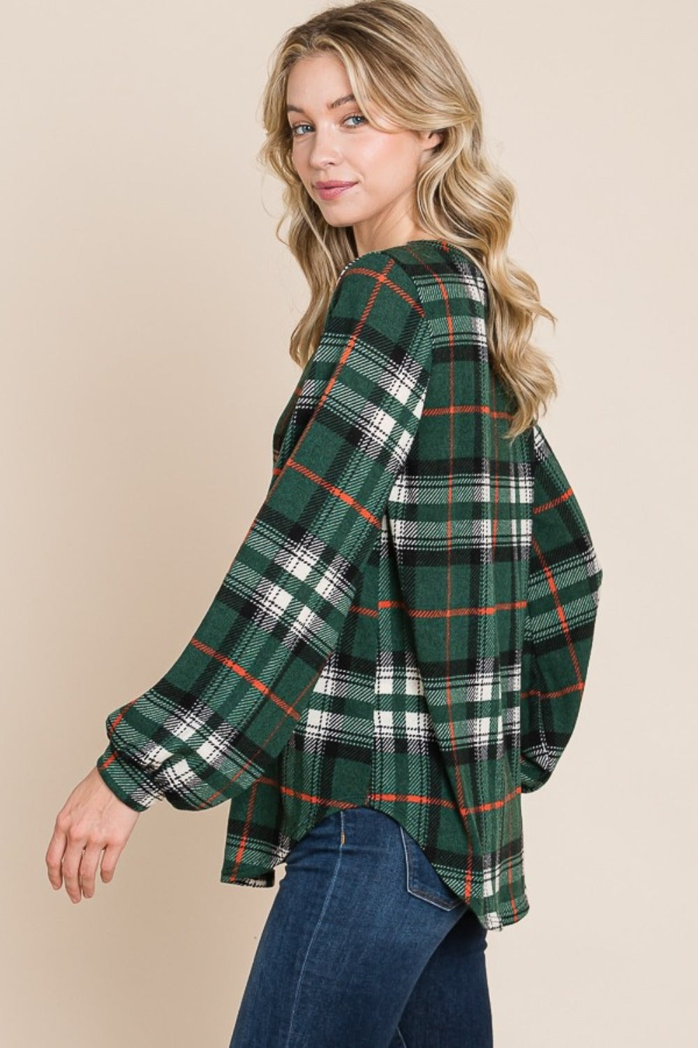 BOMBOM Curved Hem Plaid Round Neck Long Sleeve Top - The Salty Depths