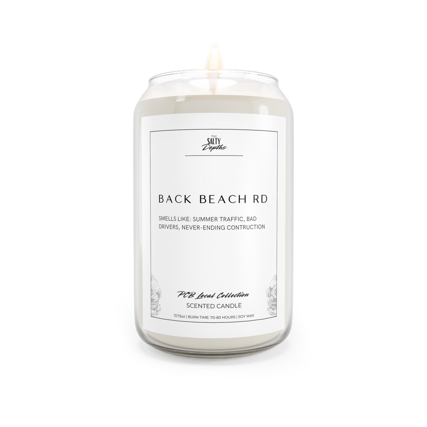 Back Beach Rd candle Shop local with The Salty Depths, premier Panama City Beach shopping local small business. Smells like summer traffic, bad drivers, never ending construction. Choose your scent. PCB Local Collection