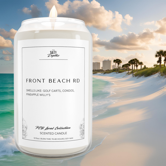 Smells like golf carts, condos, Pineapple Willy's. Shop local with The Salty Depths, premier Panama City Beach shopping local small business. The Front Beach Rd candle is a playful homage to one of the most iconic stretches of Panama City Beach, where golf carts cruise, towering condos line the shore, and the legendary Pineapple Willy's serves up good times. This candle captures the lively, sun-soaked energy of Front Beach Road with a touch of coastal elegance.