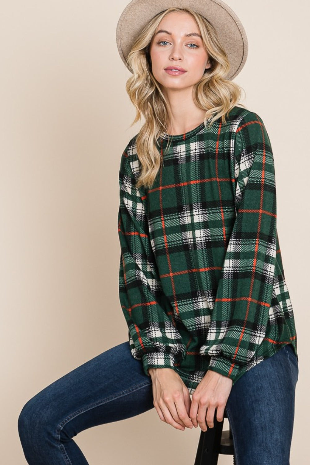 BOMBOM Curved Hem Plaid Round Neck Long Sleeve Top - The Salty Depths