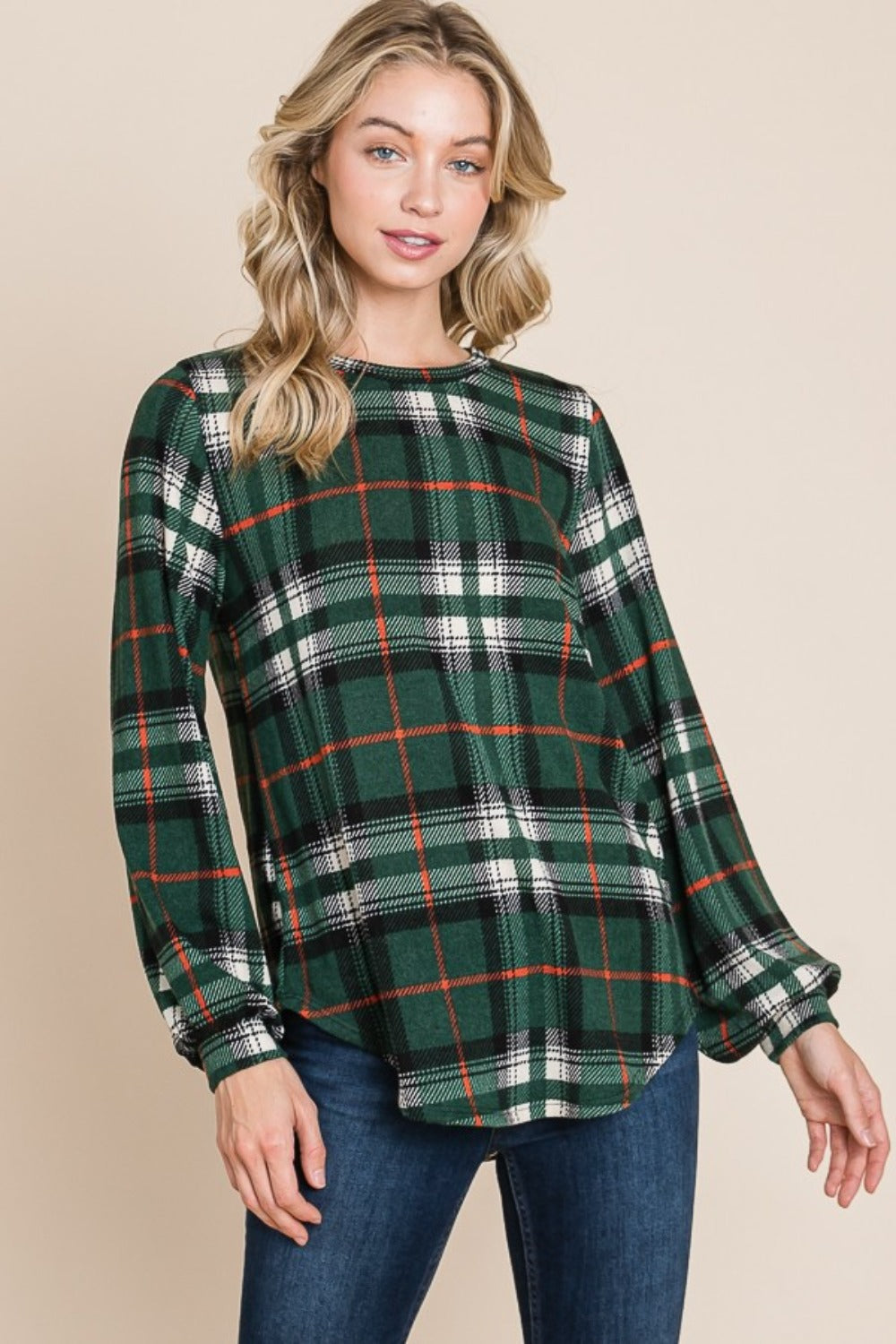 BOMBOM Curved Hem Plaid Round Neck Long Sleeve Top - The Salty Depths