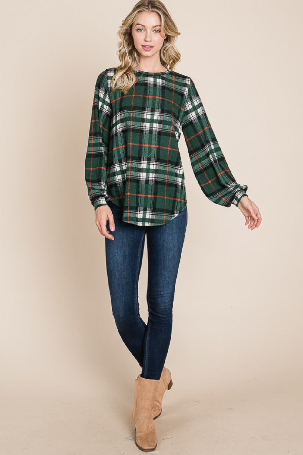 BOMBOM Curved Hem Plaid Round Neck Long Sleeve Top - The Salty Depths