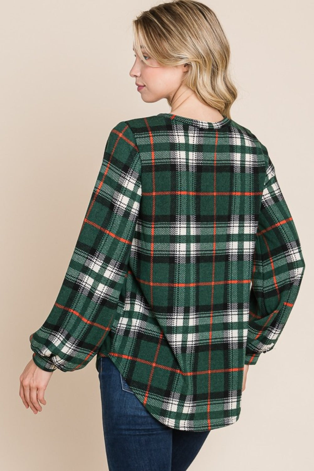 BOMBOM Curved Hem Plaid Round Neck Long Sleeve Top - The Salty Depths